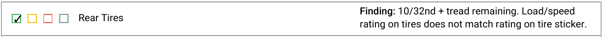 Updated Rizzoli’s inspection rear tire finding: 10/32nd plus tread remaining. Load/speed rating on tires does not match rating on tire sticker.